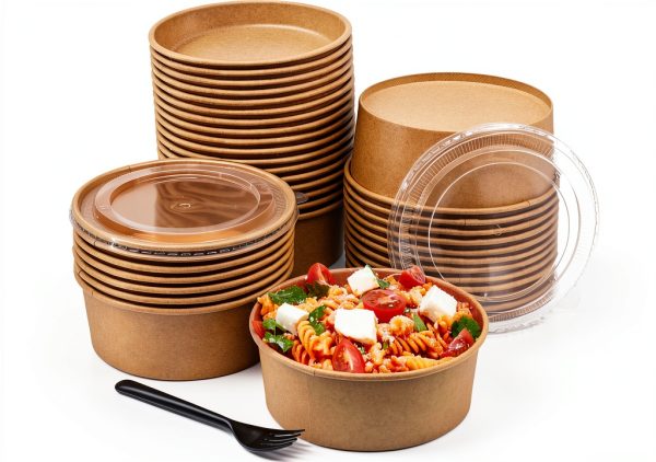 Disposable Kraft Paper Bowls HOLDLOT 36oz Round Lidded Set 50 Pack-0