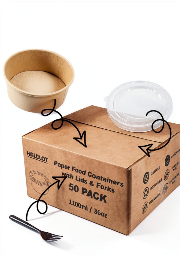 Disposable Kraft Paper Bowls HOLDLOT 36oz Round Lidded Set 50 Pack-4