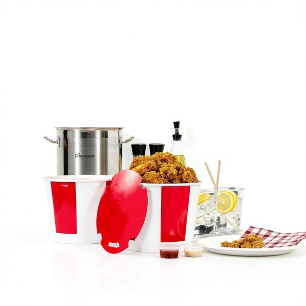Chicken Buckets Restaurantware 150oz Paper with Vented Red/White Lids-5