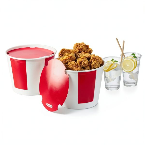 Chicken Buckets Restaurantware 150oz Paper with Vented Red/White Lids-2