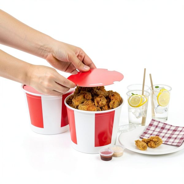 Chicken Buckets Restaurantware 150oz Paper with Vented Red/White Lids-4