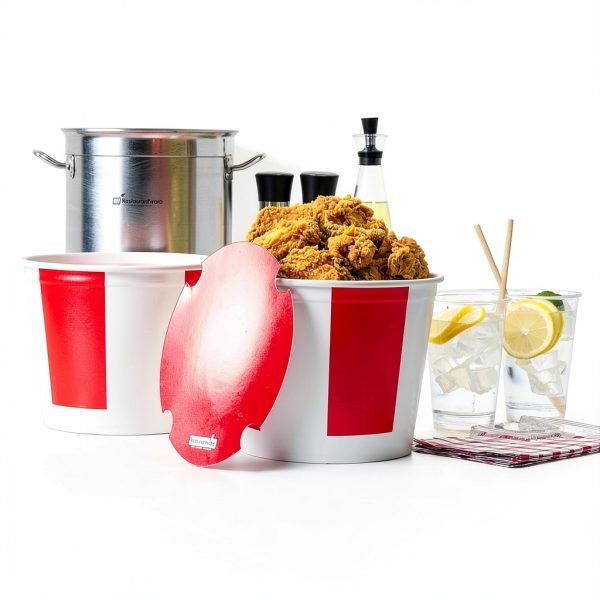 Chicken Buckets Restaurantware 150oz Paper with Vented Red/White Lids-3