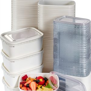 Disposable Salad Bowls 25oz White Kraft with Lids 50 Pack FISDEN-0