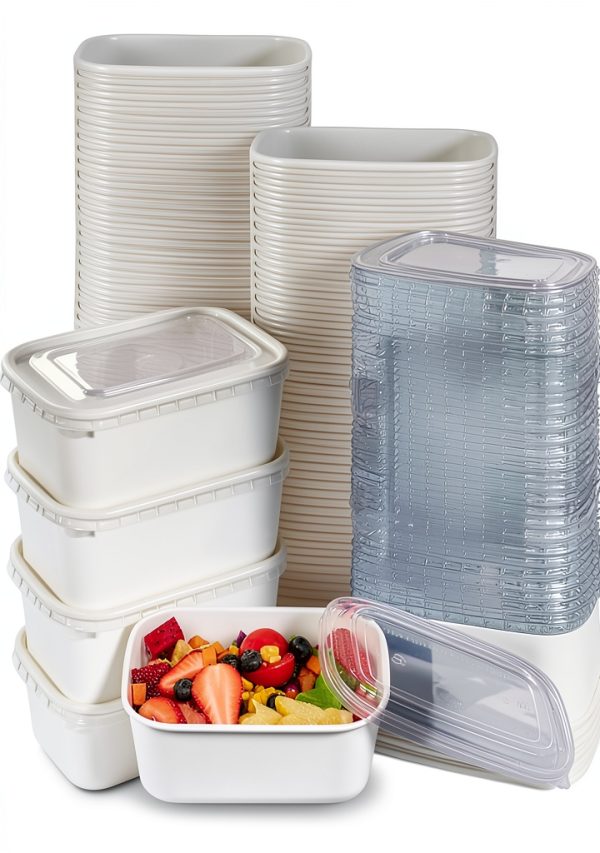 Disposable Salad Bowls 25oz White Kraft with Lids 50 Pack FISDEN-0