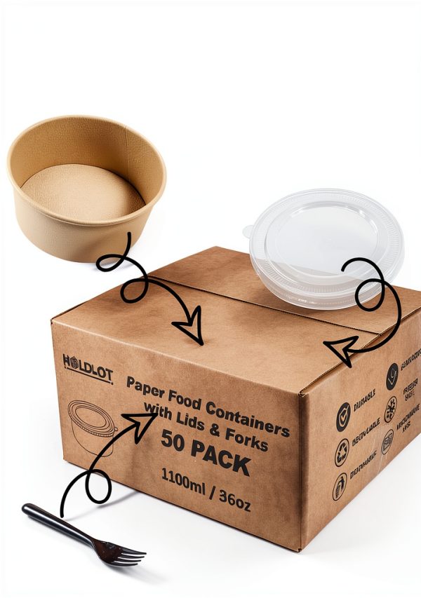 36oz Disposable Paper Take Out Containers with Lids & Forks by HOLDLOT-8